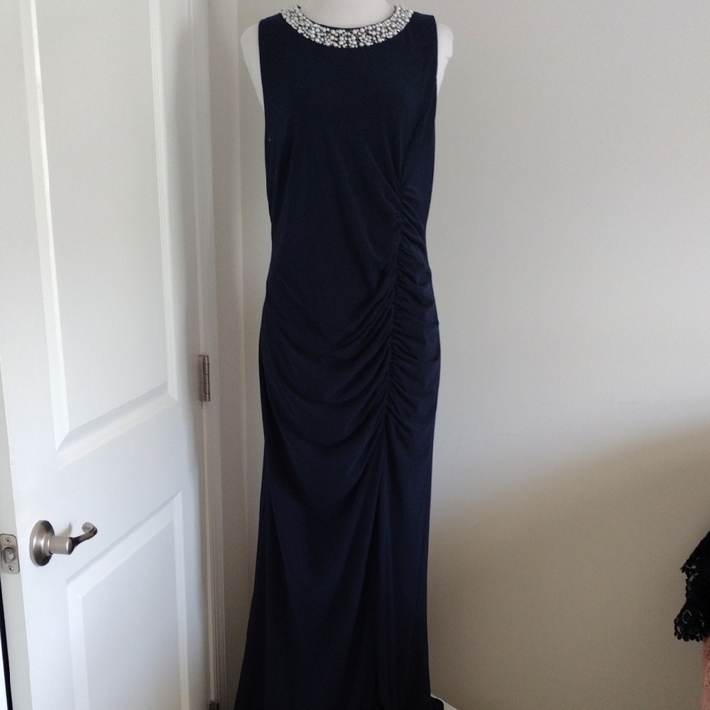MSK Dark Blue Evening Dress with Beaded Neckline
